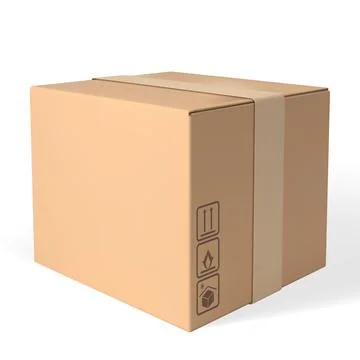 3D cardboard box vector mockup, realistic brown carton parcel closed with tape Illustrazione stock