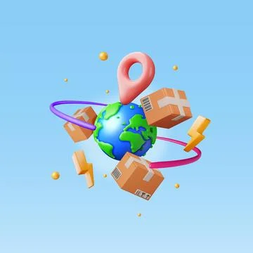 3D Cardboard Boxes Flying Around The World Illustrazione stock
