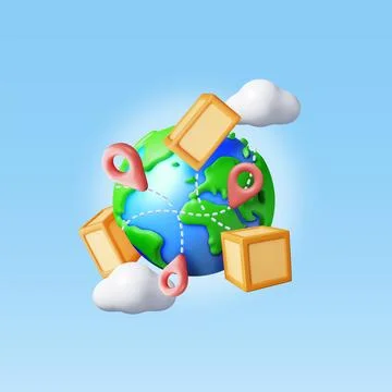 3D Cardboard Boxes Flying Around The World 库存插图