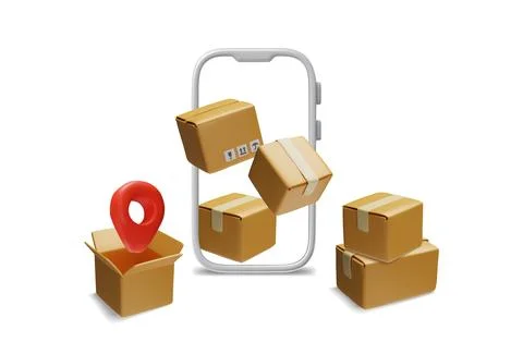 3D cardboard boxes with geolocation signs for packaging and delivery services Stock Illustration