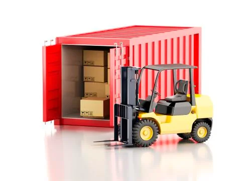 3d Cargo container with forklift and carboard boxes. Stock Illustration