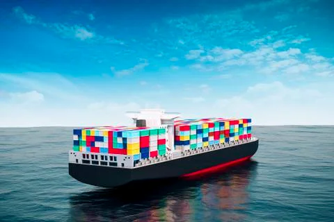 3d cargo container ship and perfect blue sea 库存插图