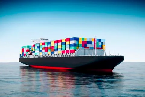 3d cargo container ship and perfect blue sea Illustrazione stock