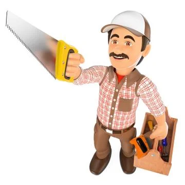 3D Carpenter with saw and toolbox Stock Illustration