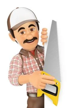 3D Carpenter with saw pointing aside. Blank space Stock Illustration