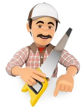 3D Carpenter with saw pointing down. Blank space Stock Illustration