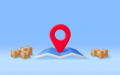 3D Carton Packaging Box with Map and Location Pin Stock Illustration