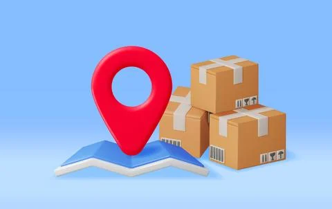 3D Carton Packaging Box with Map and Location Pin Stock Illustration