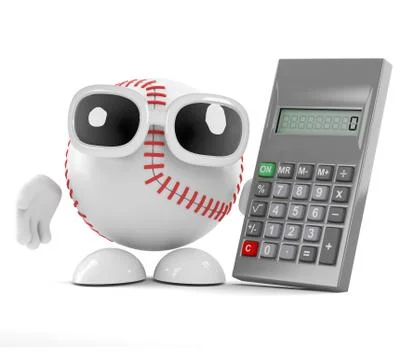 3d Cartoon baseball character has a digital calculator Stock Illustration