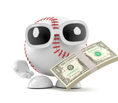 3d Cartoon baseball character has mucho dollars to spend Stockillustratie