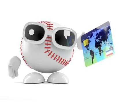 3d Cartoon baseball character using a credit card Stockillustratie