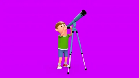 3D Cartoon Boy Observing Sky With Telescope On Green Background Vidéo 266971788