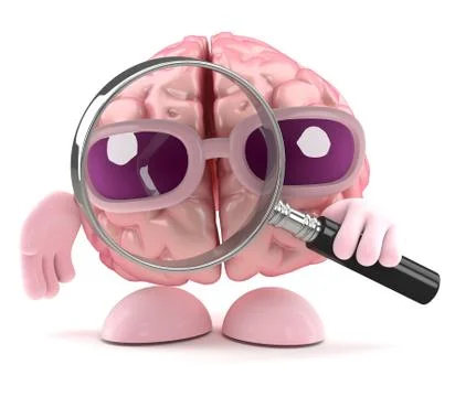 3d cartoon brain character looking through a magnifying glass 스톡 일러스트