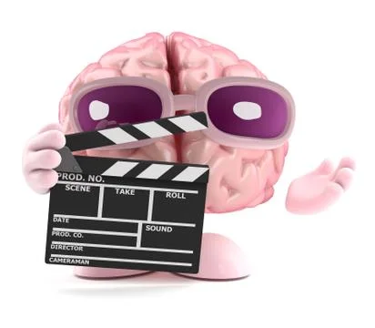3d Cartoon brain character is making a movie with his film-makers clapperboard Stockillustratie