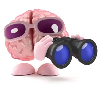 3d Cartoon brain character using a pair of binoculars 스톡 일러스트