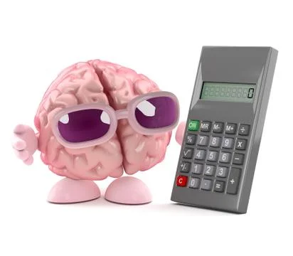 3d Cartoon brain character is using his digital calculator Stock Illustration