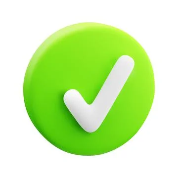 3d cartoon bright green circular button with white checkmark on white backg.. 库存插图