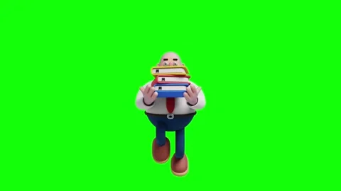 3D cartoon businessman carrying a stack of colorful books, front view. Stock Footage 346763167