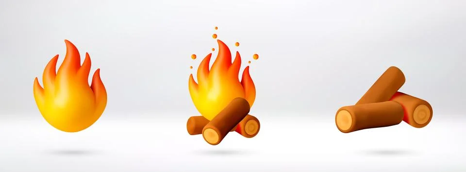 3d cartoon campfire icon set Stock Illustration