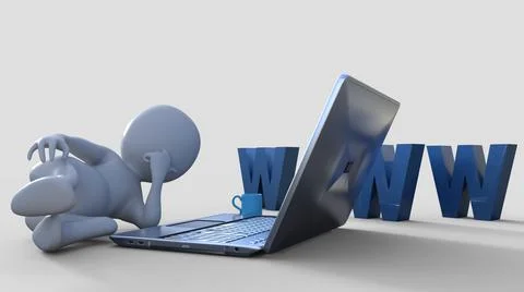 3d cartoon character using laptop computer Stock Illustration