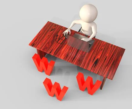 3d cartoon character using laptop computer Stock Illustration