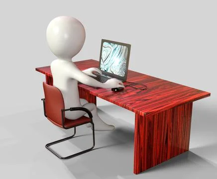 3d cartoon character using laptop computer Stock Illustration