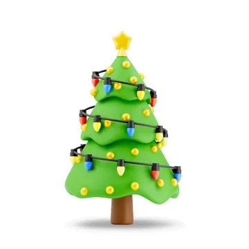 3d cartoon Christmas pine tree adorned with colorful lights and golden orname Stock Illustration