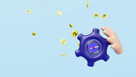3d cartoon clock in gear icon with hand, dollar coins isolated on blue back.. Stock Footage 309166678