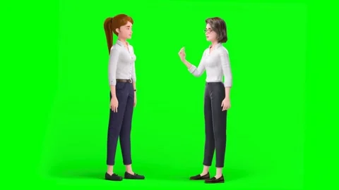 3D Cartoon Conversation Between Two Businesswomen on Green Background Stock Footage 319054805