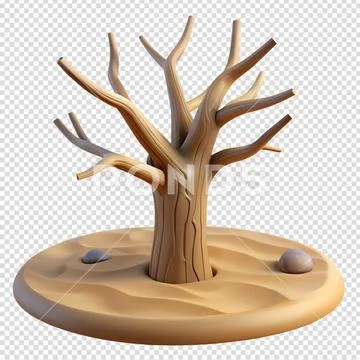 3d cartoon desert tree, stylized arid landscape plant PSD Template