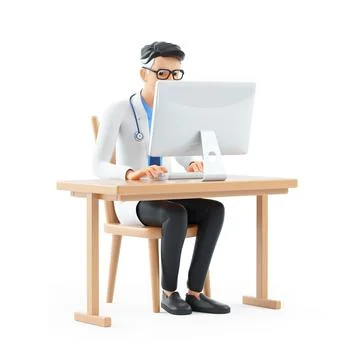3d cartoon doctor working on computer at desk Stock Illustration