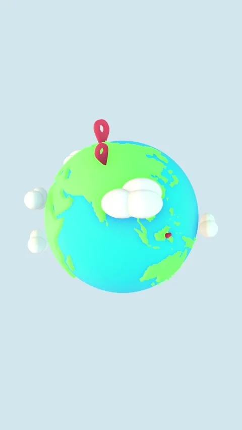 3D Cartoon Earth Rotating with Red Location Pins Vertical Stock Footage 302540195