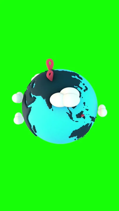 3D Cartoon Earth Rotating with Red Location Pins Vertical Green Screen Stock Footage 302540204