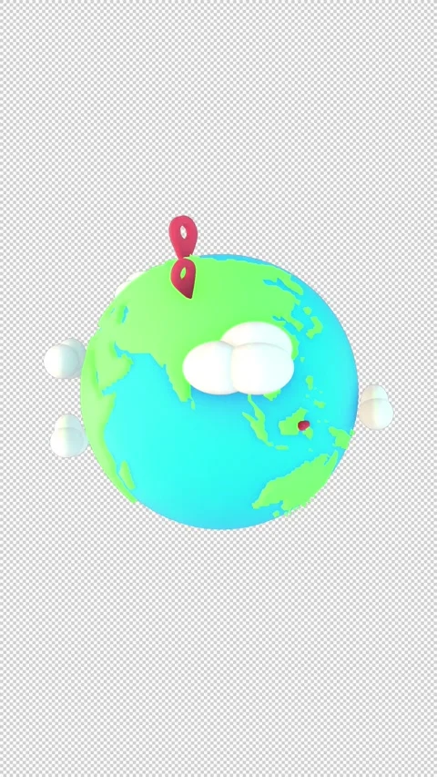 3D Cartoon Earth Rotating with Red Location Pins Vertical Alpha Stock Footage 302540238