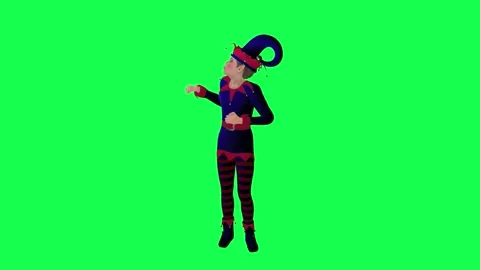 3D cartoon elf in red blue dress surprised and happy from front angle on green 스톡 동영상 247973107