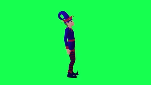 3D cartoon elf in red blue dress waiting in hot weather from left angle on green Video stock 247973118