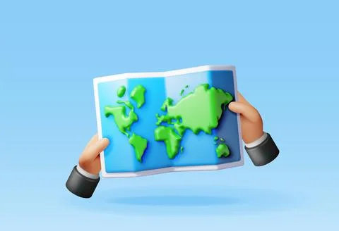 3D cartoon folded world map in hand Stock Illustration