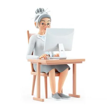 3d cartoon granny working on computer at desk Stock Illustration