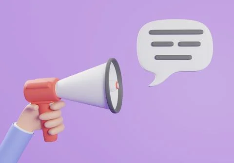 3D cartoon hand in a blue jacket holding a megaphone on a purple background Stock Illustration