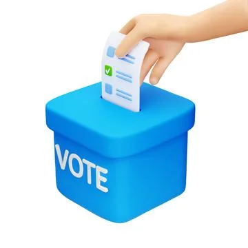 3d cartoon hand casting vote into blue ballot box. Hand putting ballot paper in Stock Illustration