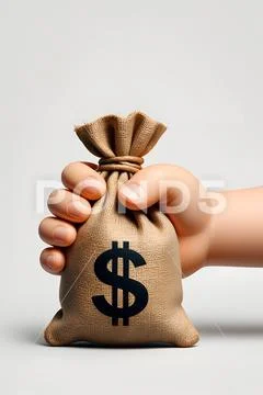 3d cartoon hand holding plump money bag with dollar sign PSD Template