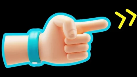 3d cartoon hand pointing right with blue outline and yellow arrow on black scree Stock Footage 333820049
