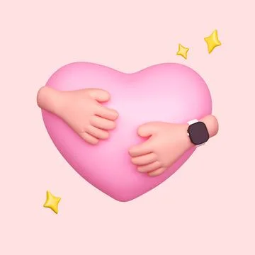 3D cartoon human hands hugging pink heart on pink background. Abstract concept Stock Illustration