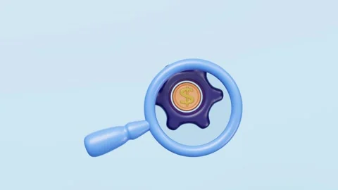 3d cartoon magnifying glass with dollar coins in gear icon isolated on blue.. Video stock 309021653