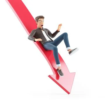 3d cartoon man falling off downward arrow Stock Illustration