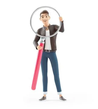 3d cartoon man holding big magnifying glass Stock Illustration
