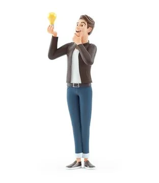 3d cartoon man looking at light bulb Stock Illustration