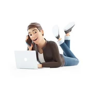 3d cartoon man lying down on floor with phone and laptop Stock Illustration