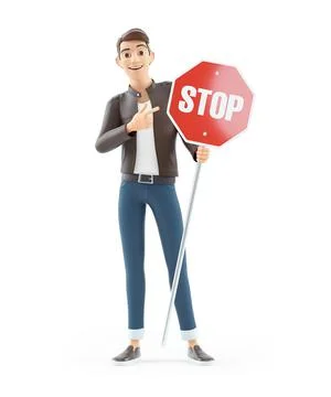 3d cartoon man pointing at stop sign Stock Illustration
