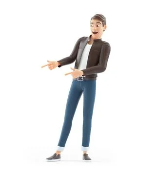 3d cartoon man pointing with two fingers aside Illustrazione stock
